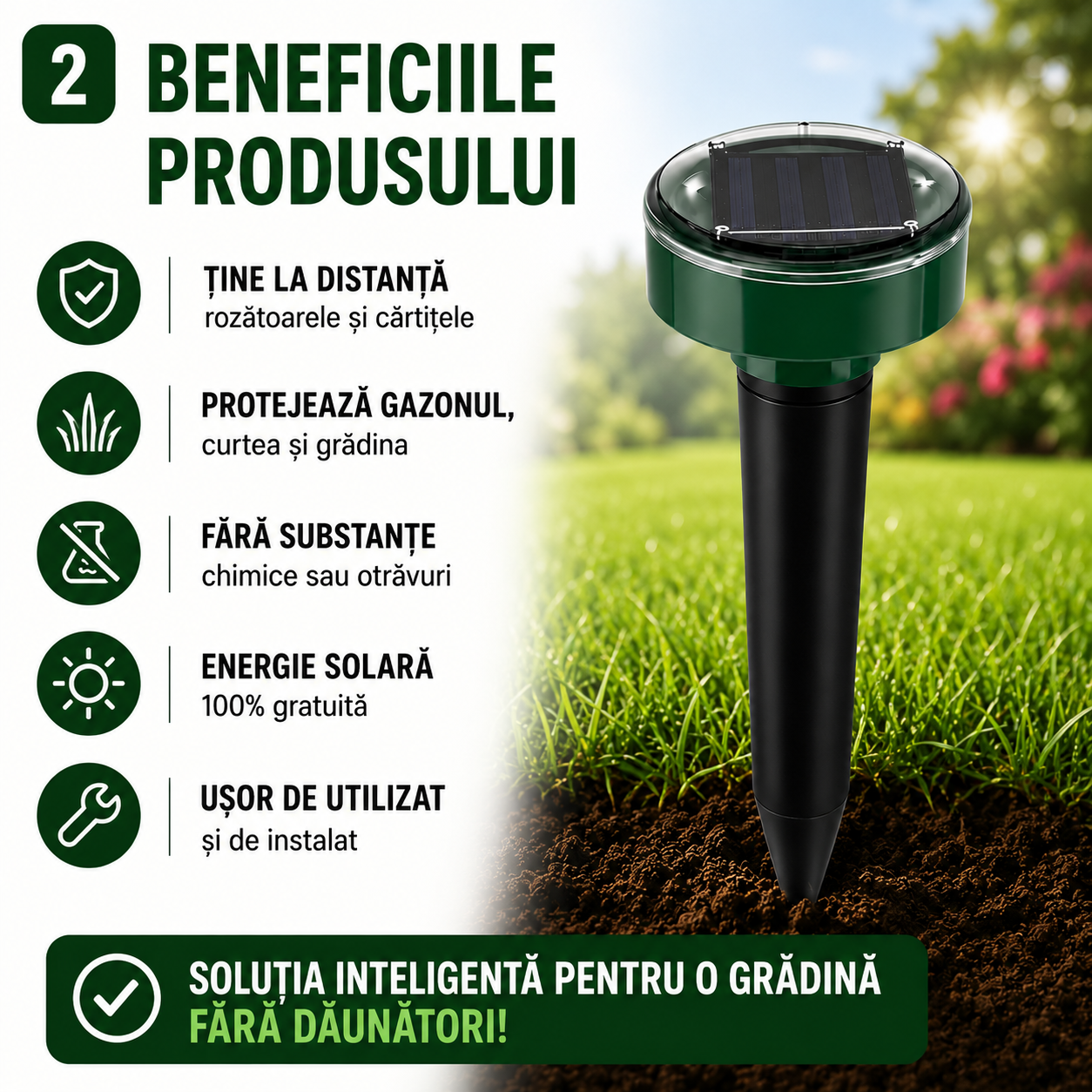 Aparat Solar cu Ultrasunete pentru Protecția Grădinii