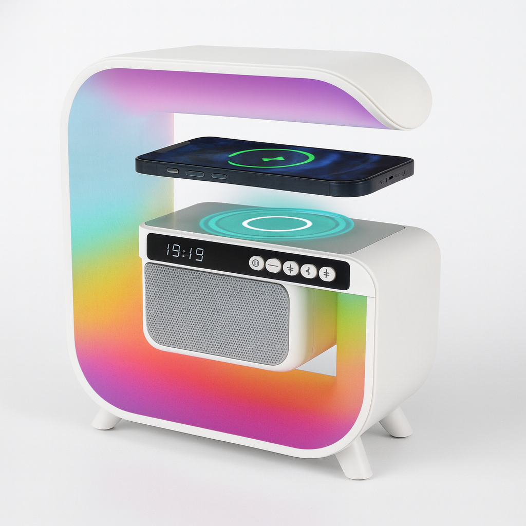 3 v 1 lampa - RGB inteligentné svetlo, bezdrôtové rýchle nabíjanie, Bluetooth reproduktor